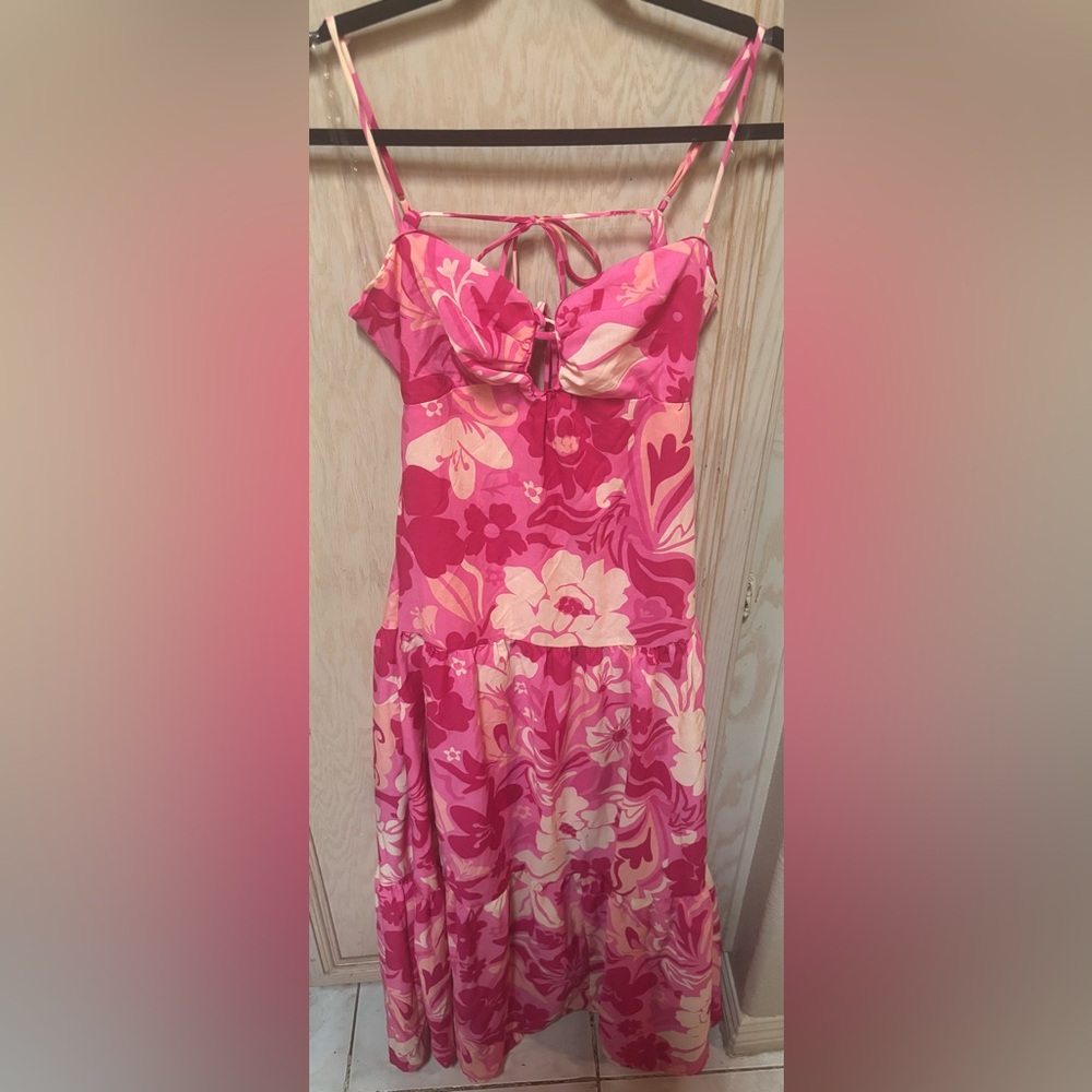 NEW Crystal Doll Pink Floral Tie‎ Front Maxi Dress Sz M Lined Tropical Resort